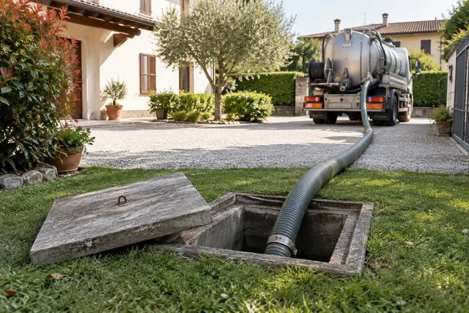 Spurgo di fossa biologica a Montichiari con tubo di aspirazione